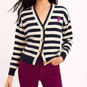 LOFT Navy and Cream Striped Cardigan